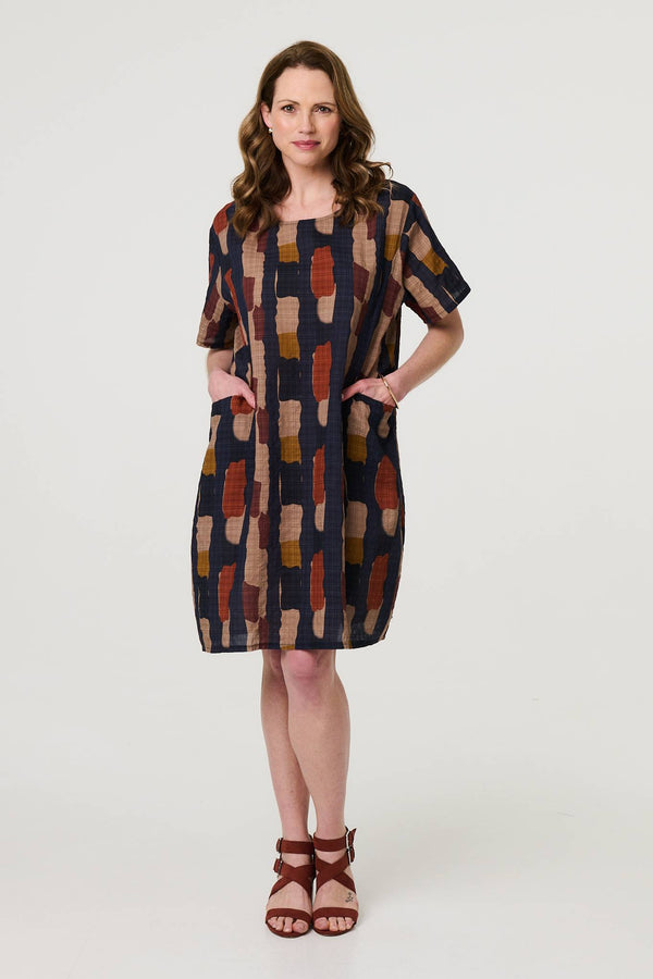 Navy | Printed Short Sleeve Knee Length Dress