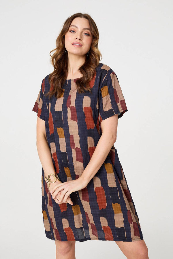 Navy | Printed Short Sleeve Knee Length Dress
