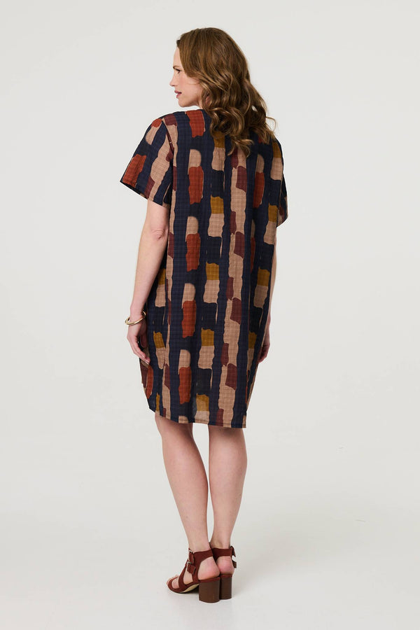 Navy | Printed Short Sleeve Knee Length Dress