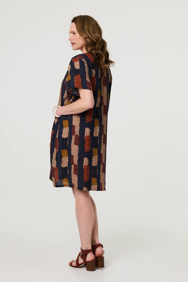 Navy | Printed Short Sleeve Knee Length Dress