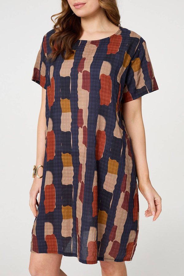 Navy | Printed Short Sleeve Knee Length Dress
