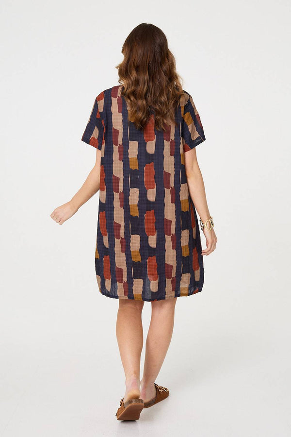 Navy | Printed Short Sleeve Knee Length Dress
