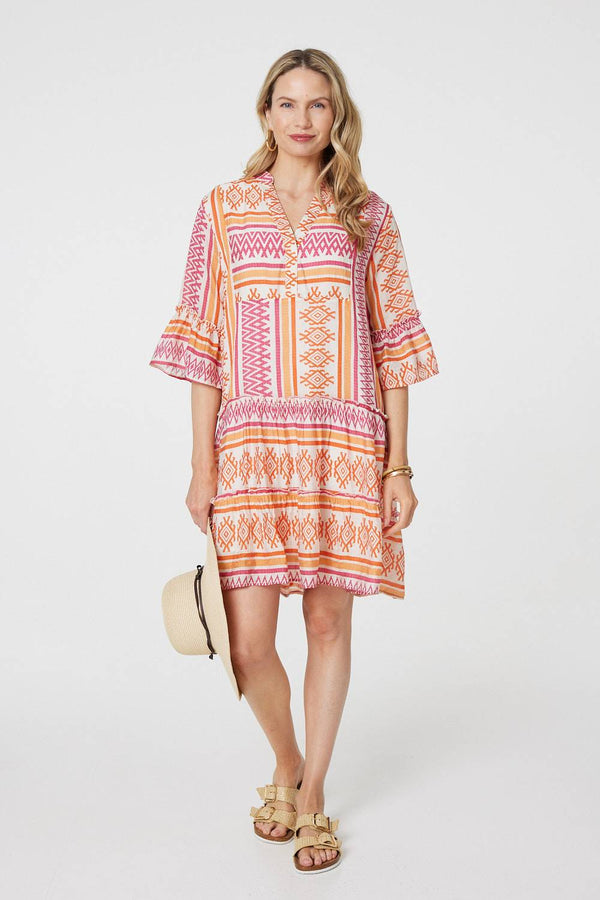 Pink | Aztec Print V-Neck 3/4 Sleeve Short Dress
