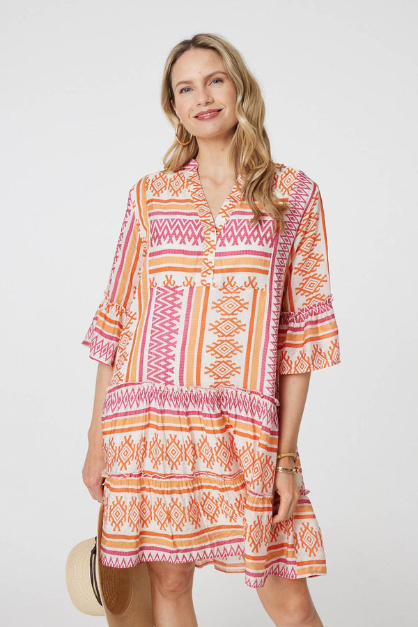 Pink | Aztec Print V-Neck 3/4 Sleeve Short Dress
