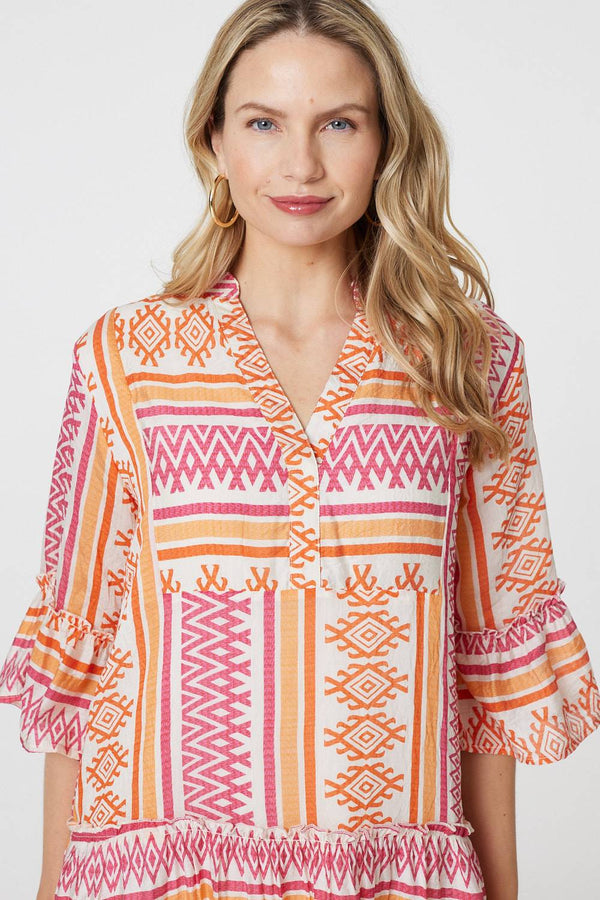 Pink | Aztec Print V-Neck 3/4 Sleeve Short Dress
