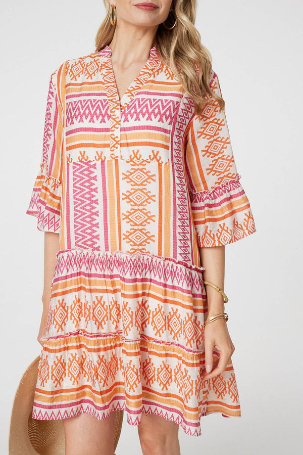 Pink | Aztec Print V-Neck 3/4 Sleeve Short Dress
