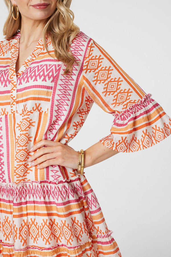 Pink | Aztec Print V-Neck 3/4 Sleeve Short Dress
