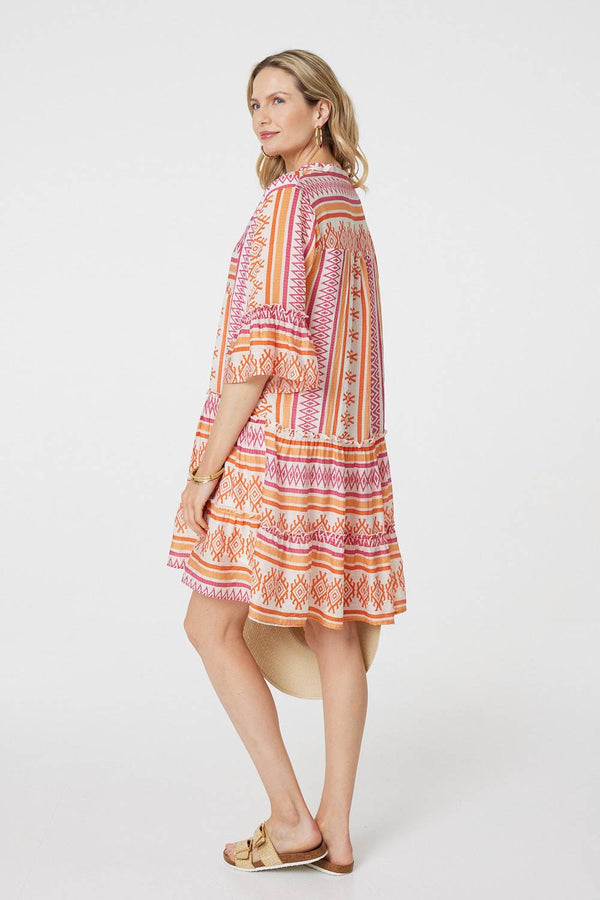 Pink | Aztec Print V-Neck 3/4 Sleeve Short Dress
