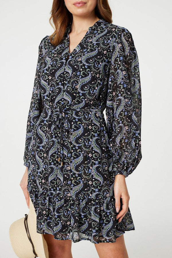 Black | Paisley V-Neck Long Sleeve Mini Dress