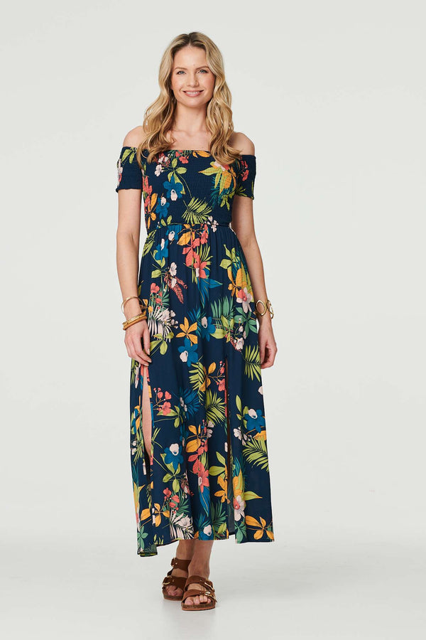 Navy | Floral Bardot Side Split Maxi Dress : Model is 5'10"/178 cm and wears UK10/EU38/US6/AUS10