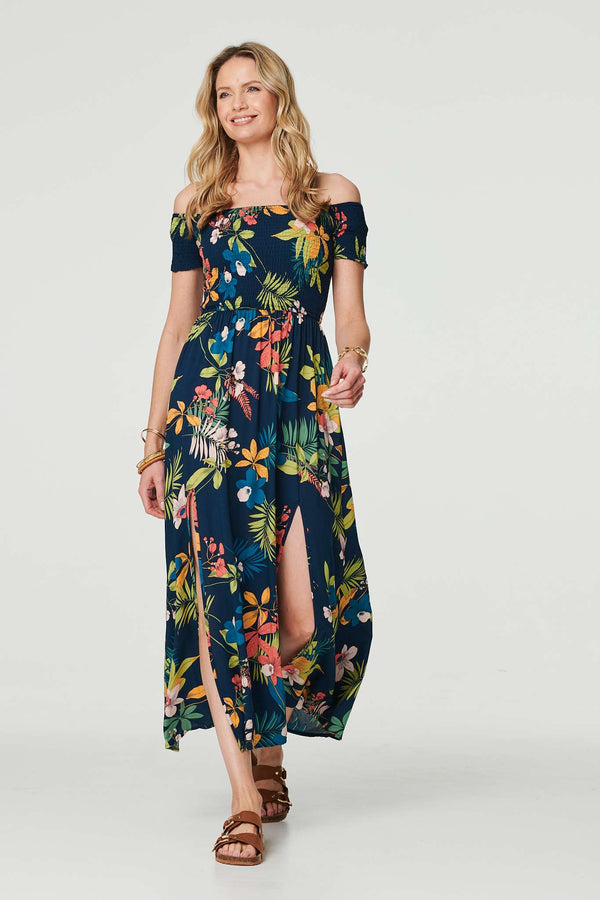 Navy | Floral Bardot Side Split Maxi Dress