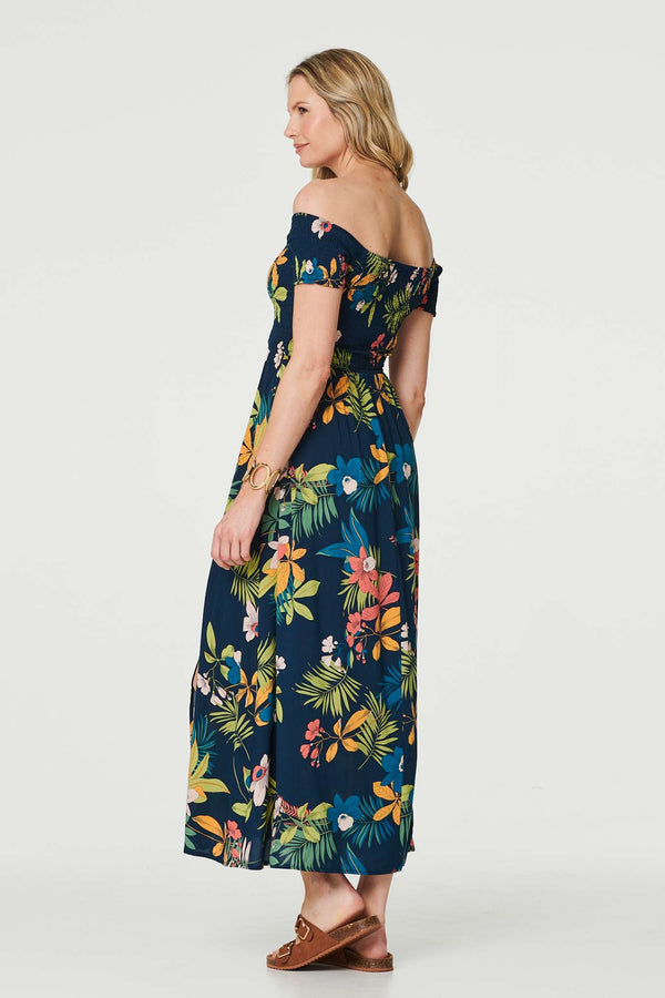 Navy | Floral Bardot Side Split Maxi Dress