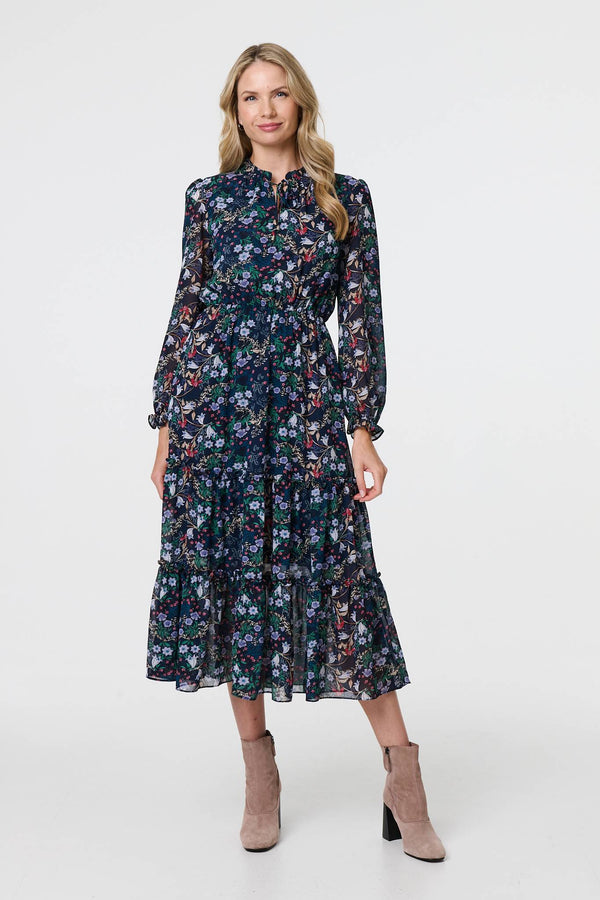 Navy | Floral Print Semi Sheer Midi Dress
