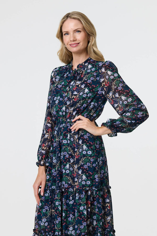 Navy | Floral Print Semi Sheer Midi Dress
