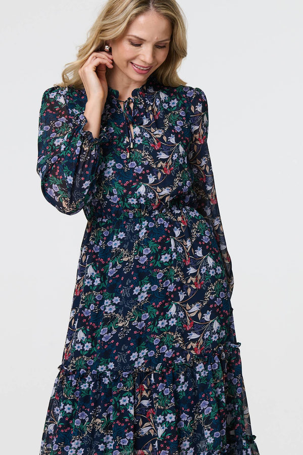 Navy | Floral Print Semi Sheer Midi Dress
