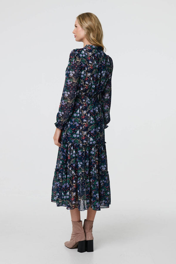 Navy | Floral Print Semi Sheer Midi Dress
