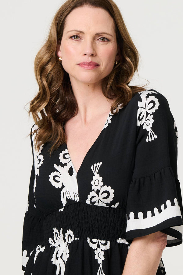 Black | Ikat Print 1/2 Sleeve Relaxed Short Dress