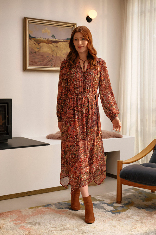 Rust | Floral Paisley Semi Sheer Midi Dress : Model is 5'9"/175 cm and wears UK8/EU36/US4/AUS8