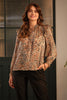 Beige | Animal Print Tie-Up Keyhole Neck Blouse : Model is 5'9