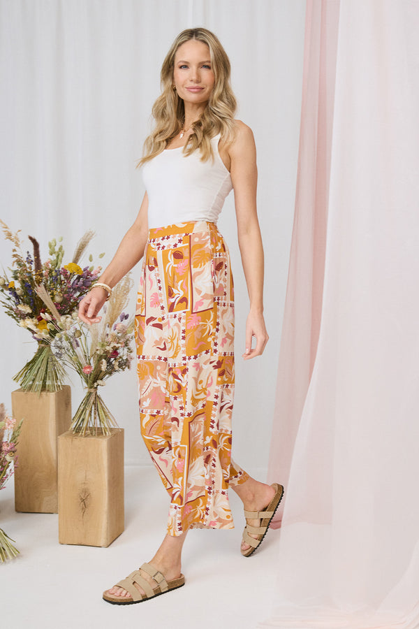 Orange | Patchwork Print High Waist Wide Leg Trousers : Model is 5'10"/178 cm and wears UK10/EU38/US6/AUS10