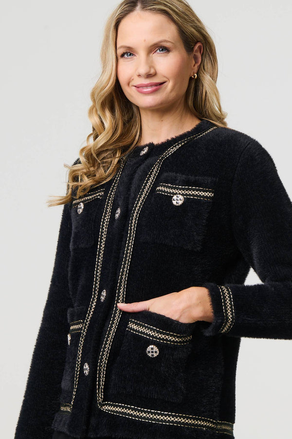 Black | Embroidered Trim Knitted Smart Jacket
