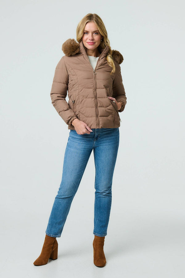 Brown | Faux Fur Hooded Zip-Up Puffer Jacket
