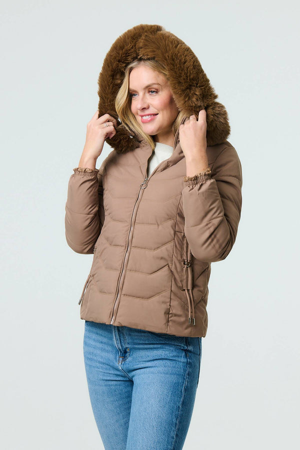 Brown | Faux Fur Hooded Zip-Up Puffer Jacket
