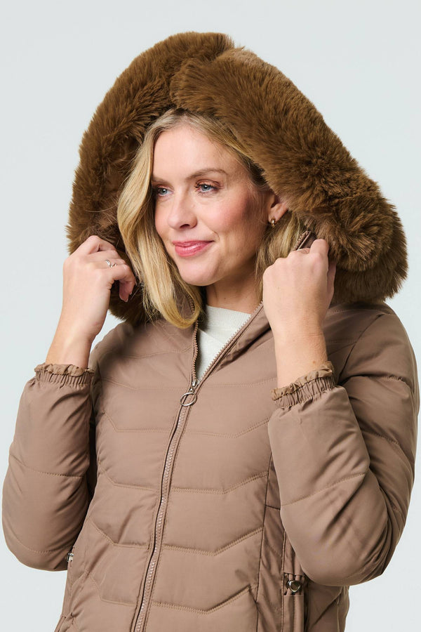 Brown | Faux Fur Hooded Zip-Up Puffer Jacket
