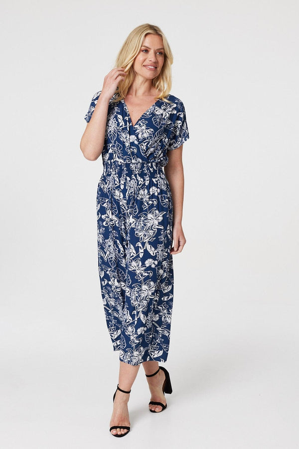 Navy | Floral V-Neck Cropped Jumpsuit