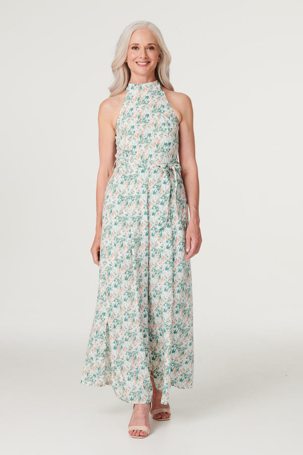 Green | Floral High Neck Jumpsuit