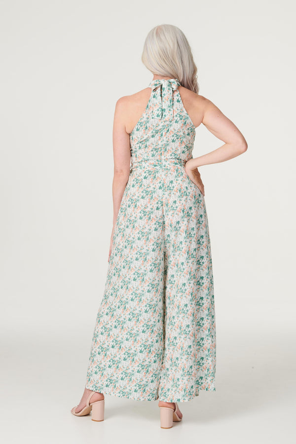 Green | Floral High Neck Jumpsuit