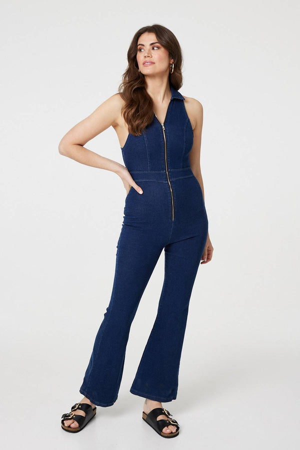 Blue | Denim Zip Front Flared Jumpsuit