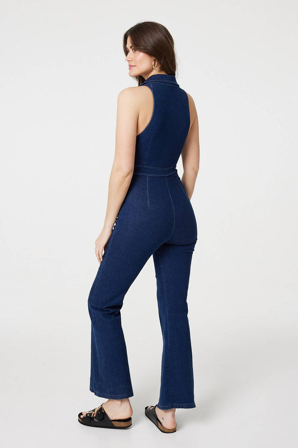 Blue | Denim Zip Front Flared Jumpsuit