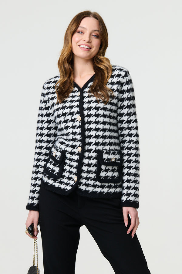 Black | Houndstooth Long Sleeve Cardigan
