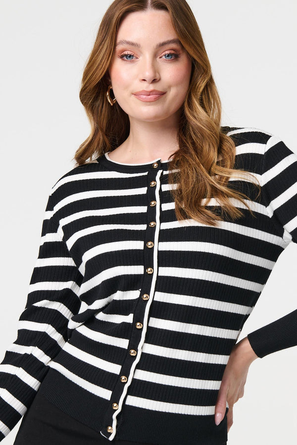 Black | Stripe Print Button-Up Knit Cardigan
