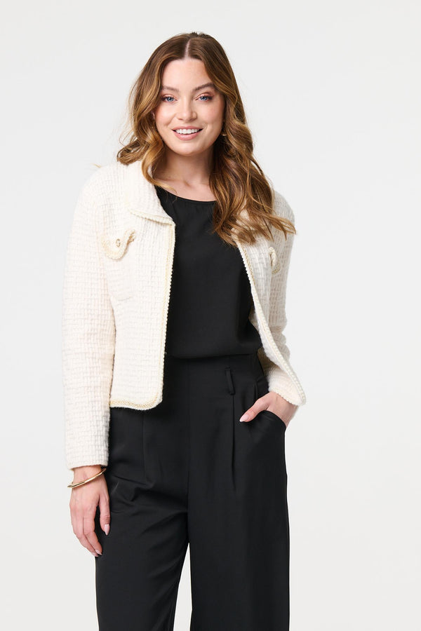 Cream | Textured Pocket Detail Crop Knit Jacket
