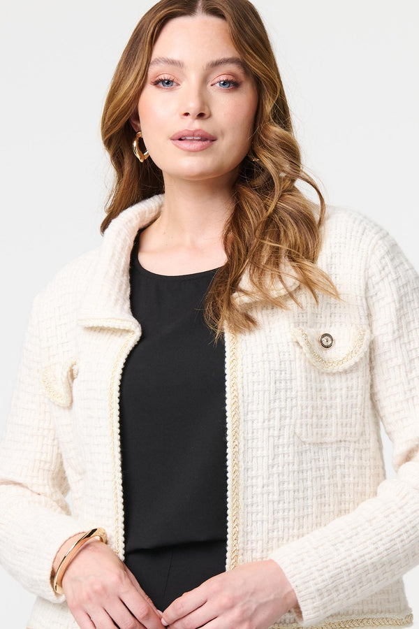 Cream | Textured Pocket Detail Crop Knit Jacket
