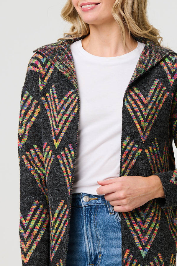 Grey | Abstract Print Longline Knitted Jacket
