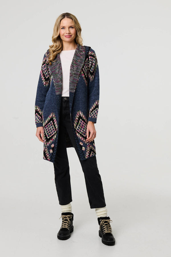 Blue | Aztec Print Longline Hooded Knit Jacket
