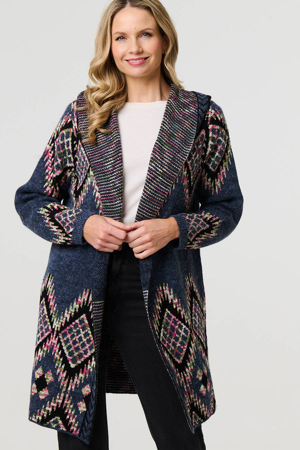 Blue | Aztec Print Longline Hooded Knit Jacket
