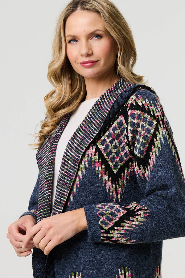 Blue | Aztec Print Longline Hooded Knit Jacket
