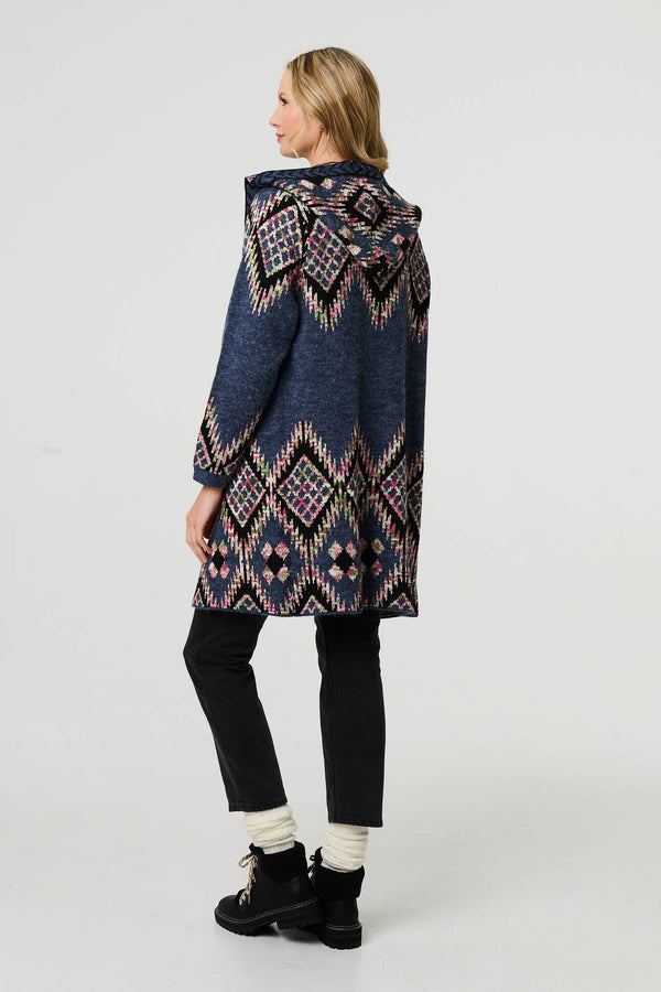 Blue | Aztec Print Longline Hooded Knit Jacket
