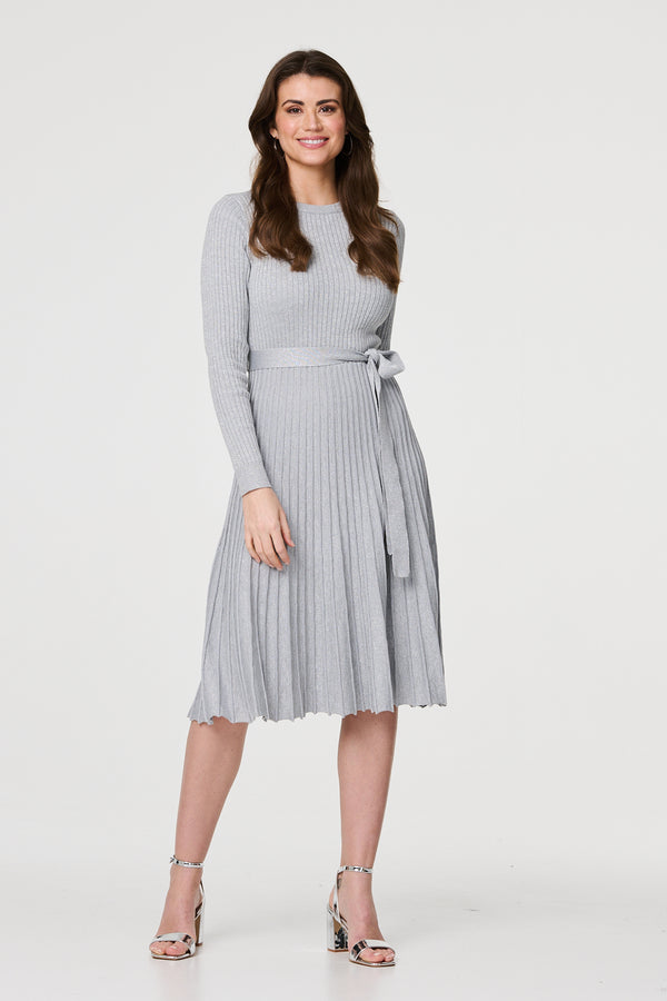 Silver | Pleated Tie Waist Ribbed Knit Midi Dress
