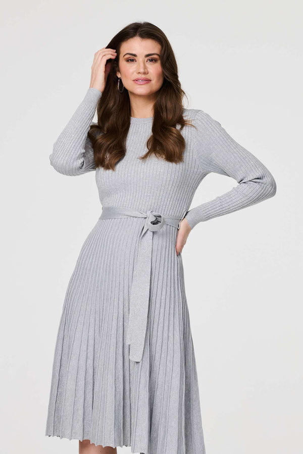 Silver | Pleated Tie Waist Ribbed Knit Midi Dress : Model is 5'9"/175 cm and wears UK10/EU38/US6/AUS10
