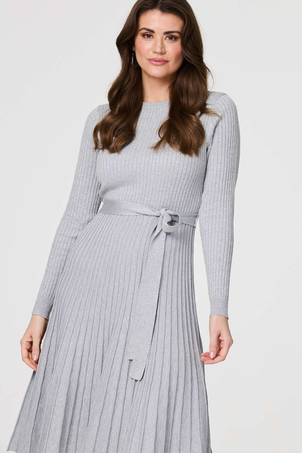 Silver | Pleated Tie Waist Ribbed Knit Midi Dress
