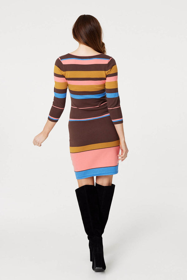 Pink | Striped 3/4 Sleeve Knit Dress