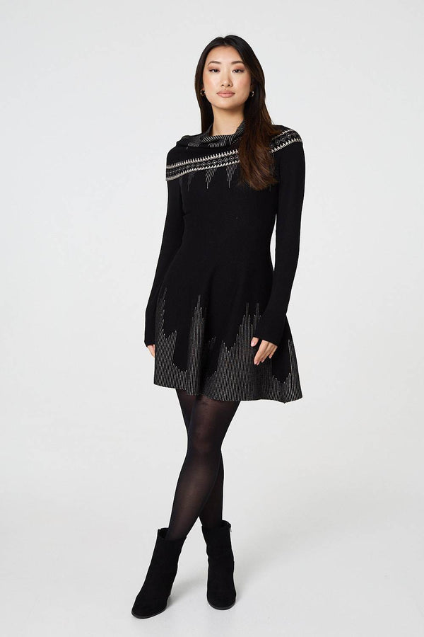 Black | Printed Knit Dress With Removable Rollneck
