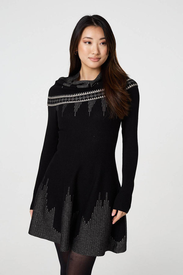 Black | Printed Knit Dress With Removable Rollneck
