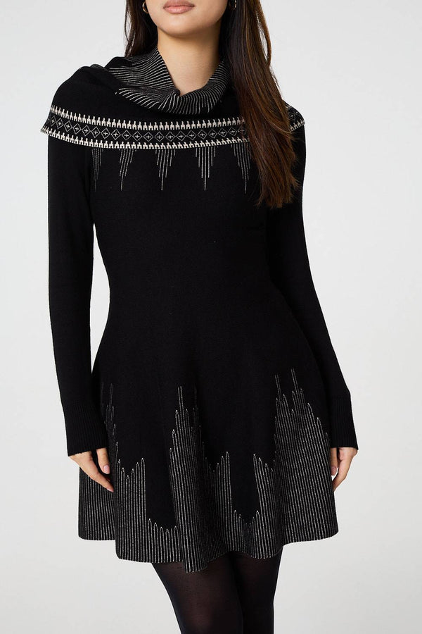 Black | Printed Knit Dress With Removable Rollneck
