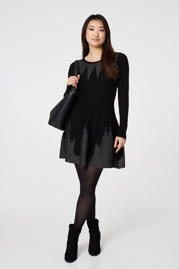 Black | Printed Knit Dress With Removable Rollneck
